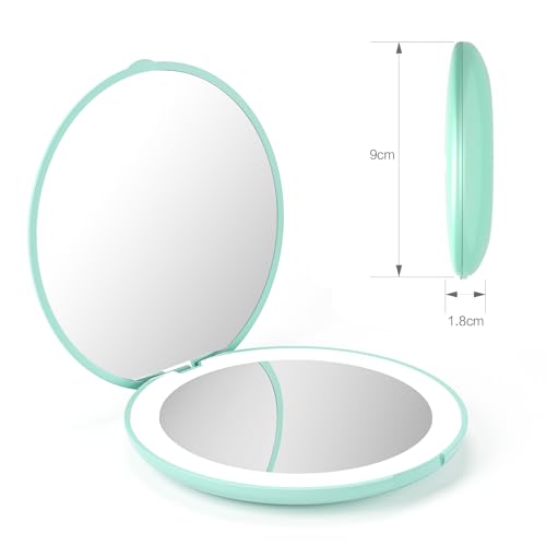 wobsion LED Lighted Travel Makeup Mirror, 1x/10x Magnification, Compact, Portable for Handbag, Purse, Pocket, 3.5 inch Illuminated, Folding, Handheld, 2-Sided , Round, Cyan - Morena Vogue