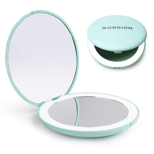 wobsion LED Lighted Travel Makeup Mirror, 1x/10x Magnification, Compact, Portable for Handbag, Purse, Pocket, 3.5 inch Illuminated, Folding, Handheld, 2-Sided , Round, Cyan - Morena Vogue