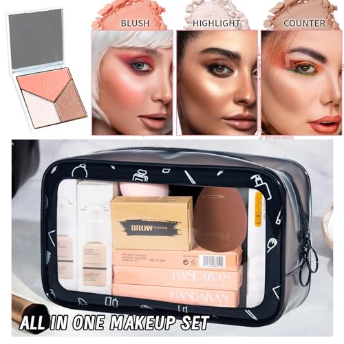 YBUETE All in One Makeup Set Kit for Women Full Kit, Makeup Gift for Women Teen Girl, Naked Eyeshadow Foundation Face Primer Brush 3 in 1 Palette Lip Gloss, Eyebrow Soap Mascara Eyeliner cosmetic bag - Morena Vogue