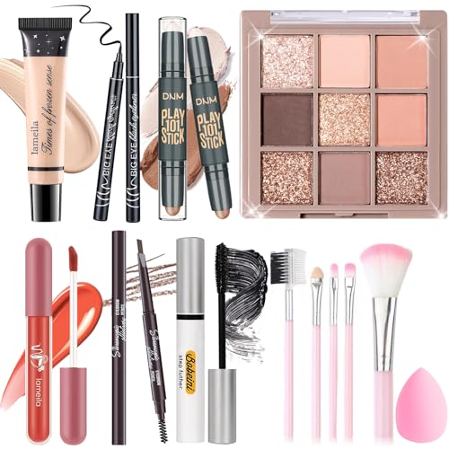 YBUETE All in One Makeup Set Kit for Women Girls Teens, Makeup Gift Set, Includes 9 Color Eyeshadow, Counter Stick, Foundation, Eyebrow Pencil, Eyeliner, Mascara, Lip Gloss, 5Pcs Brushes, Sponge - Morena Vogue