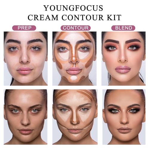 Youngfocus Cosmetics Cream Contour Best 8 Colors Contouring Foundation - Highlighting Makeup Kit/Concealer Palette - Vegan, Cruelty Free and Hypoallergenic - Instruction Manual（Face Blushes） - Morena Vogue